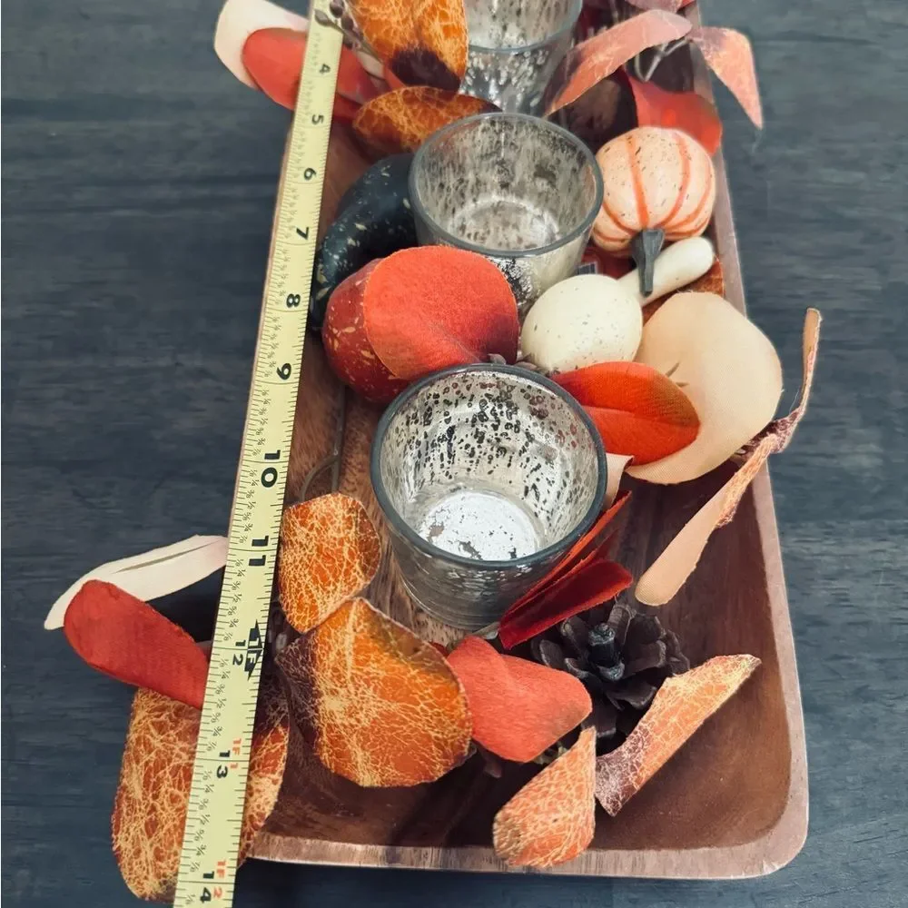 Acacia Wood Fall Autumn Tray Floral Candle Holder Centerpiece Decor